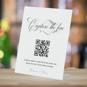 Chic Calligrpahy Capture The Love QR code Wedding Pedestal Sign
