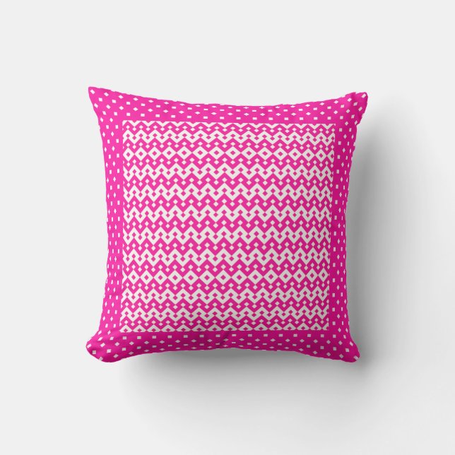 Chic Candy Pink, White Geometric Pattern Cushion (Front)
