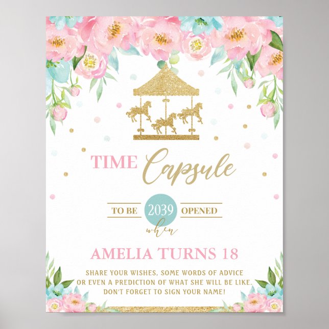 Chic Carousel Pink Mint Floral Time Capsule Sign (Front)