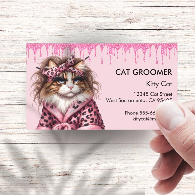 Chic Cat Groomer Sitter Pink Glitter Dripping Business Card (Creator Uploaded)