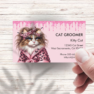 Chic Cat Groomer Sitter Pink Glitter Dripping Business Card