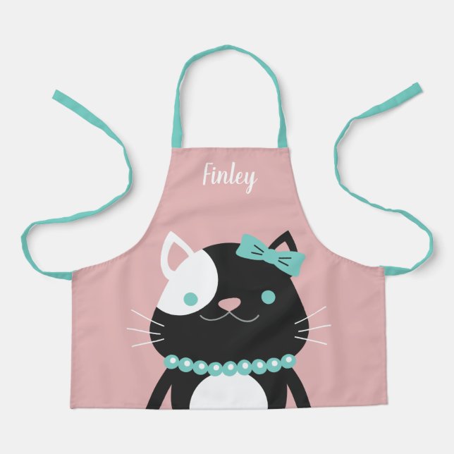 Chic Cat with Pearl Necklace Pink Name Apron (Front)