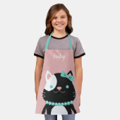 Chic Cat with Pearl Necklace Pink Name Apron (Insitu)