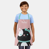 Chic Cat with Pearl Necklace Pink Name Apron (Worn)