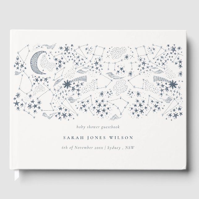 Chic Celestial Navy Starry Night Moon Baby Shower Guest Book (Front)