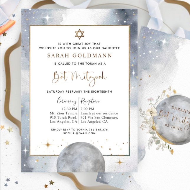Chic Celestial Silver, White and Gold Bat Mitzvah Invitation (Creator Uploaded)