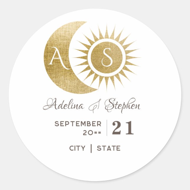 Chic Celestial White Gold Sun Moon Monogram Crest  Classic Round Sticker (Front)