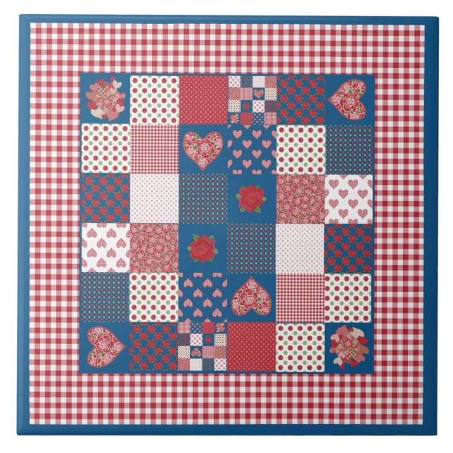 Chic Ceramic Tile: Faux-patchwork and Gingham Ceramic Tile (Front)