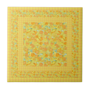 Chic Ceramic Tile, Golden Daffodils, Check Gingham Tile