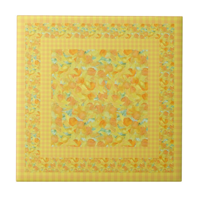 Chic Ceramic Tile, Golden Daffodils, Check Gingham Tile (Front)