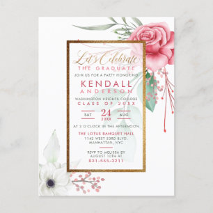 Chic Cerise Gouache Roses Floral Graduation Invitation Postcard