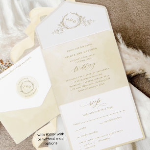 Chic, Champagne Cream Watercolor Monogram Wedding All In One Invitation
