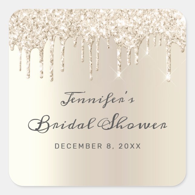 Chic Champagne Dripping Glitter Bridal Shower Square Sticker (Front)
