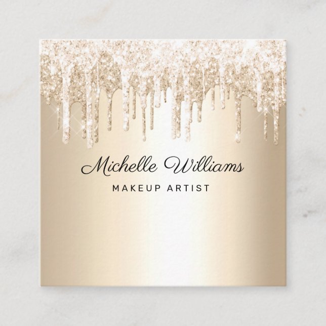 Chic Champagne Dripping Glitter Professional Square Business Card (Front)