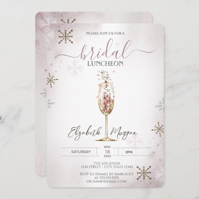 Chic Champagne Glass Snowflakes Bridal Luncheon   Invitation (Front/Back)