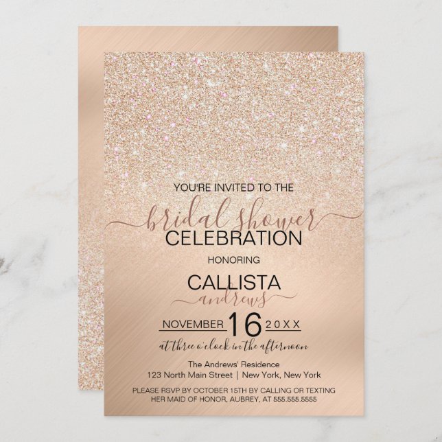 Chic Champagne Gold Glitter Metallic Bridal Shower Invitation (Front/Back)