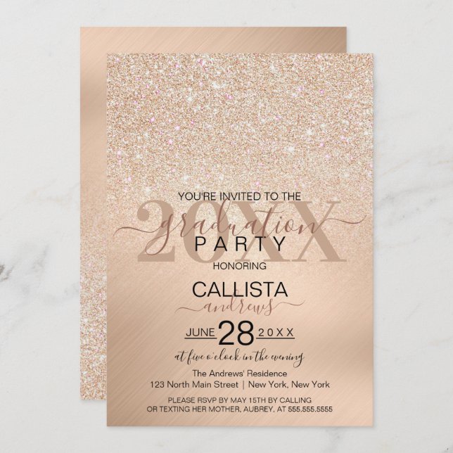 Chic Champagne Gold Glitter Metallic Graduation Invitation (Front/Back)
