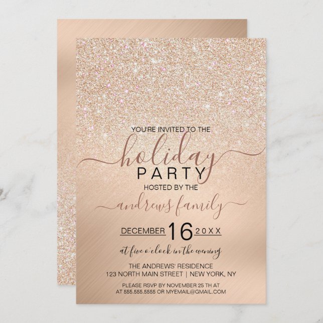 Chic Champagne Gold Glitter Metallic Holiday Invitation (Front/Back)
