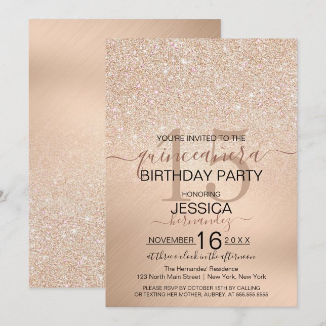 Chic Champagne Gold Glitter Metallic Quinceañera Invitation (Front/Back)