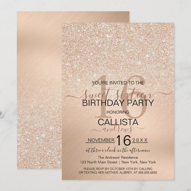 Chic Champagne Gold Glitter Metallic Sweet 16 Invitation (Front/Back)