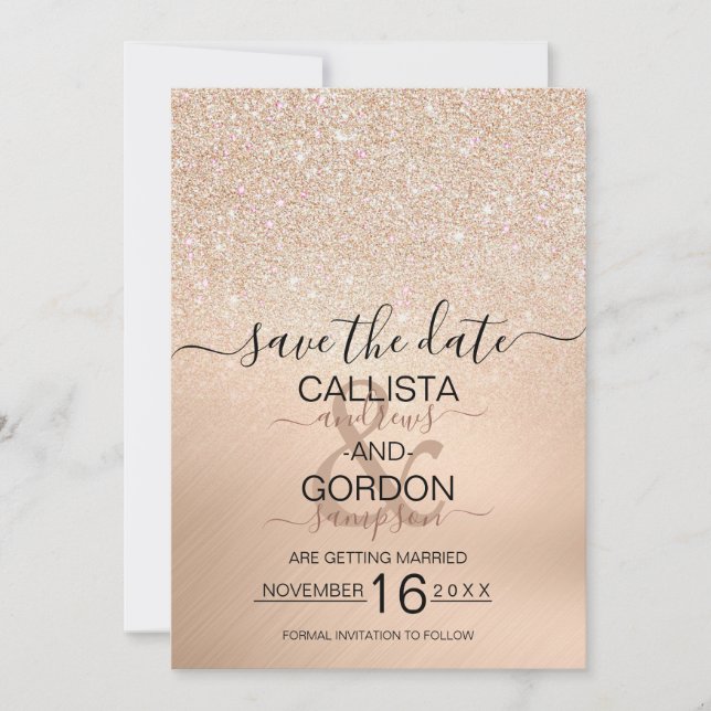 Chic Champagne Gold Glitter Metallic Wedding Save The Date (Front)