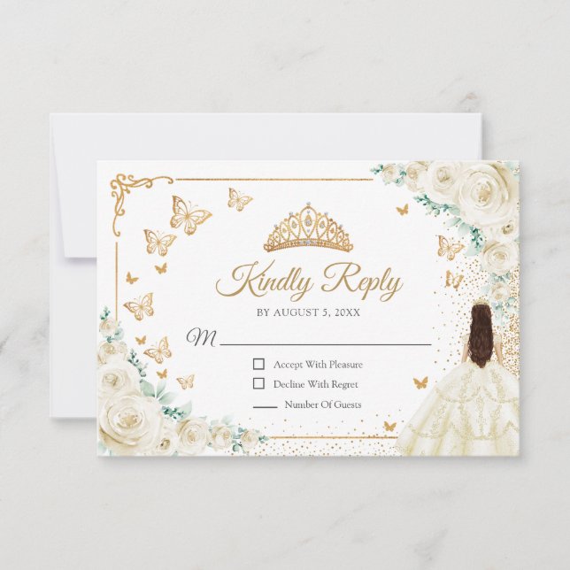 Chic Champagne Ivory Roses Gold Quinceanera Reply RSVP Card (Front)
