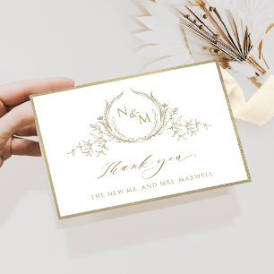 Chic Champagne Monogram, Gold Frame Wedding Thank You Card