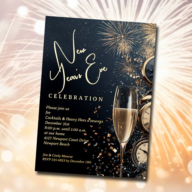 Chic Champagne Time New Year's Eve (Chic Champagne and Clocks New Year's Eve GOLD FOIL party invitations)
