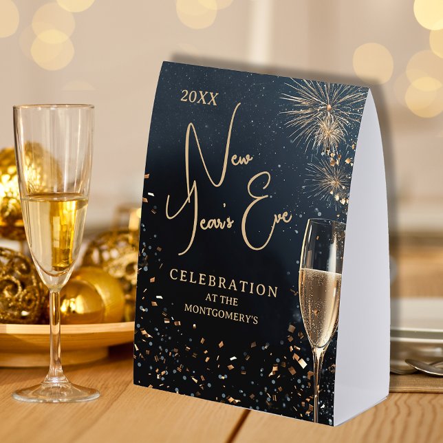 Chic Champagne Time New Year's Eve Party (Chic Champagne and Clocks New Year's Eve party table tent sign - paper shown, or order plastic)