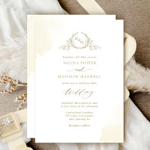 Chic Champagne Watercolor Stains, Monogram Wedding Invitation