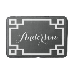 Chic Charcoal and White Greek Key Custom Monogram Bath Mat