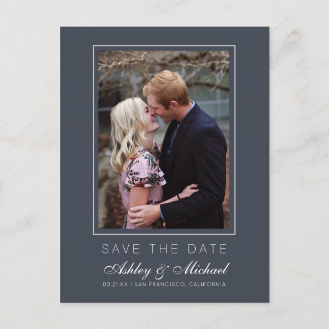 Chic Charcoal Blue Save the Date Engagement Photo Announcement Postcard (Front)