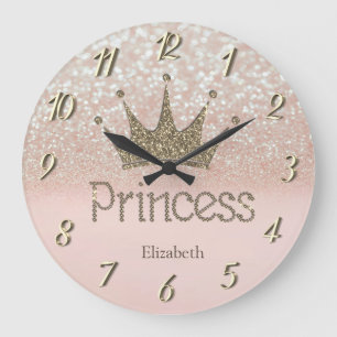 Chic Charming Tiara, Princess, Glittery Bokeh Large Clock