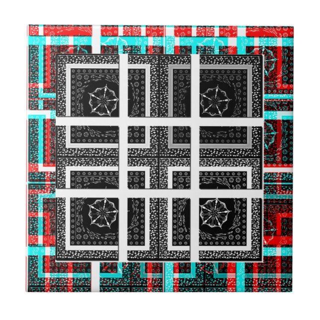 Chic Chequered Black, White & Red Graphics Design Ceramic Tile (Front)