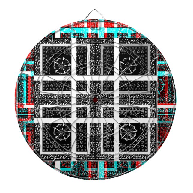 Chic Chequered Black, White & Red Graphics Design Dartboard (Front)