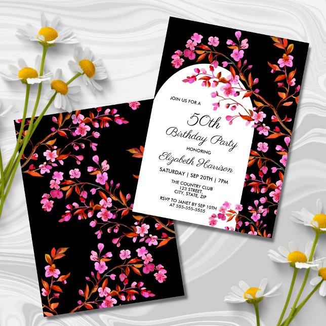 Chic Cherry Blossom Sakura Black White Birthday  Invitation (Creator Uploaded)