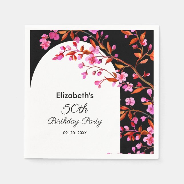 Chic Cherry Blossom Sakura Black White Birthday  Napkin (Front)