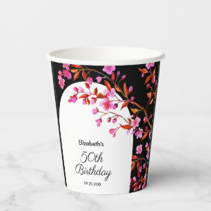 Chic Cherry Blossom Sakura Black White Birthday  Paper Cups