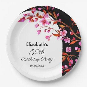 Chic Cherry Blossom Sakura Black White Birthday  Paper Plate
