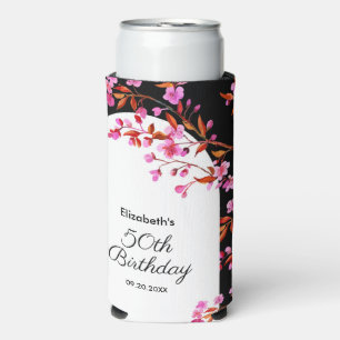 Chic Cherry Blossom Sakura Black White Birthday Seltzer Can Cooler