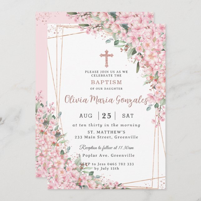 Chic Cherry Blossoms Rose Gold Christening Baptism Invitation (Front/Back)