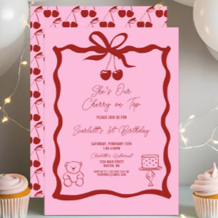 Chic Cherry on Top Bow Pink and Red 1st Birthday Invitation