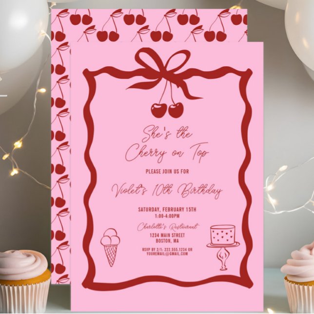Chic Cherry on Top Bow Pink and Red Birthday Invitation (She's the Cherry On Top Birthday Invitation, Cherries, Coquette Bow, Red and Pink, Chic Modern)