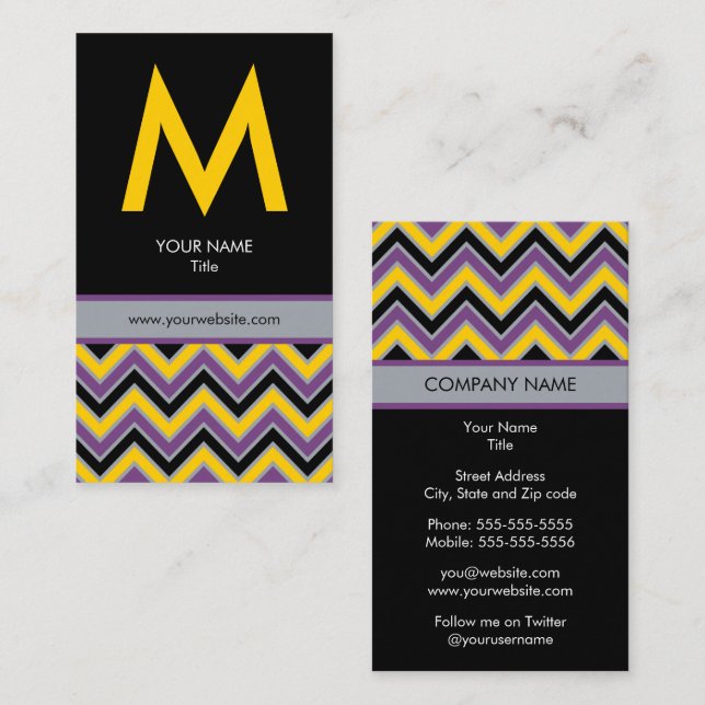 Chic Chevron Monogram Business Card - Yellow/Black (Front/Back)