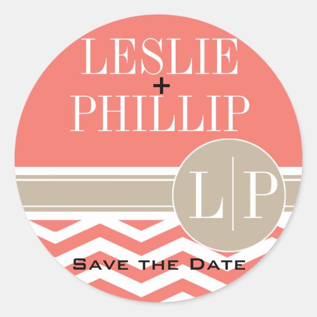 Chic Chevron Monogram | coral Classic Round Sticker (Front)