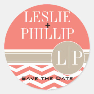 Chic Chevron Monogram   coral Classic Round Sticker