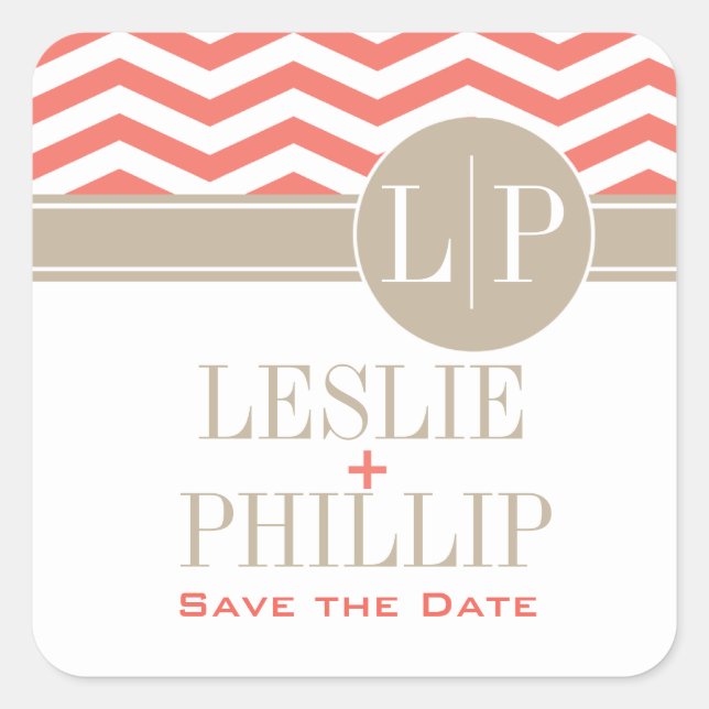 Chic Chevron Monogram | coral Square Sticker (Front)