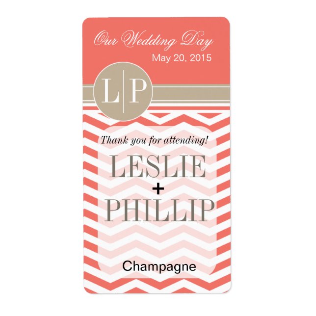 Chic Chevron Monogram | coral Wine/Champagne Label (Front)