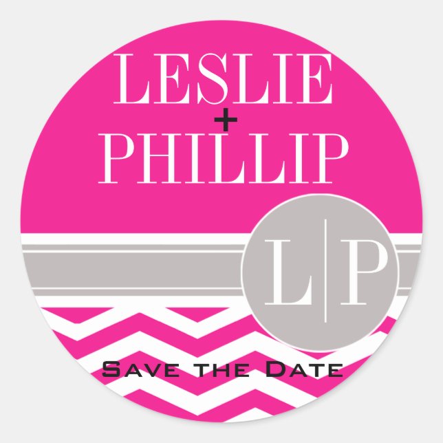 Chic Chevron Monogram | fuschia Classic Round Sticker (Front)