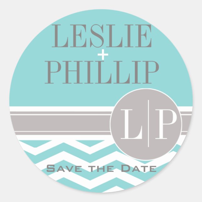 Chic Chevron Monogram | teal Classic Round Sticker (Front)
